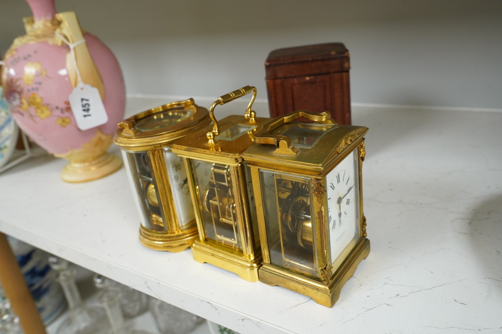 Two carriage clocks and a timepiece, tallest 12.5cm
